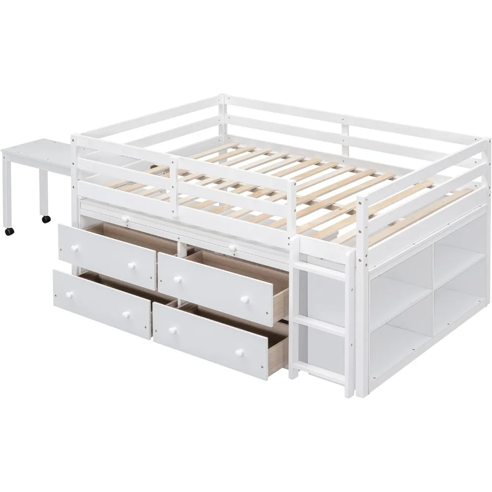 Full size Low Loft Bed with Storage, Full Size Loft Bed with Portable Desk & 4 Drawers, Wood Full Loft Bed Frame with Shelves 6