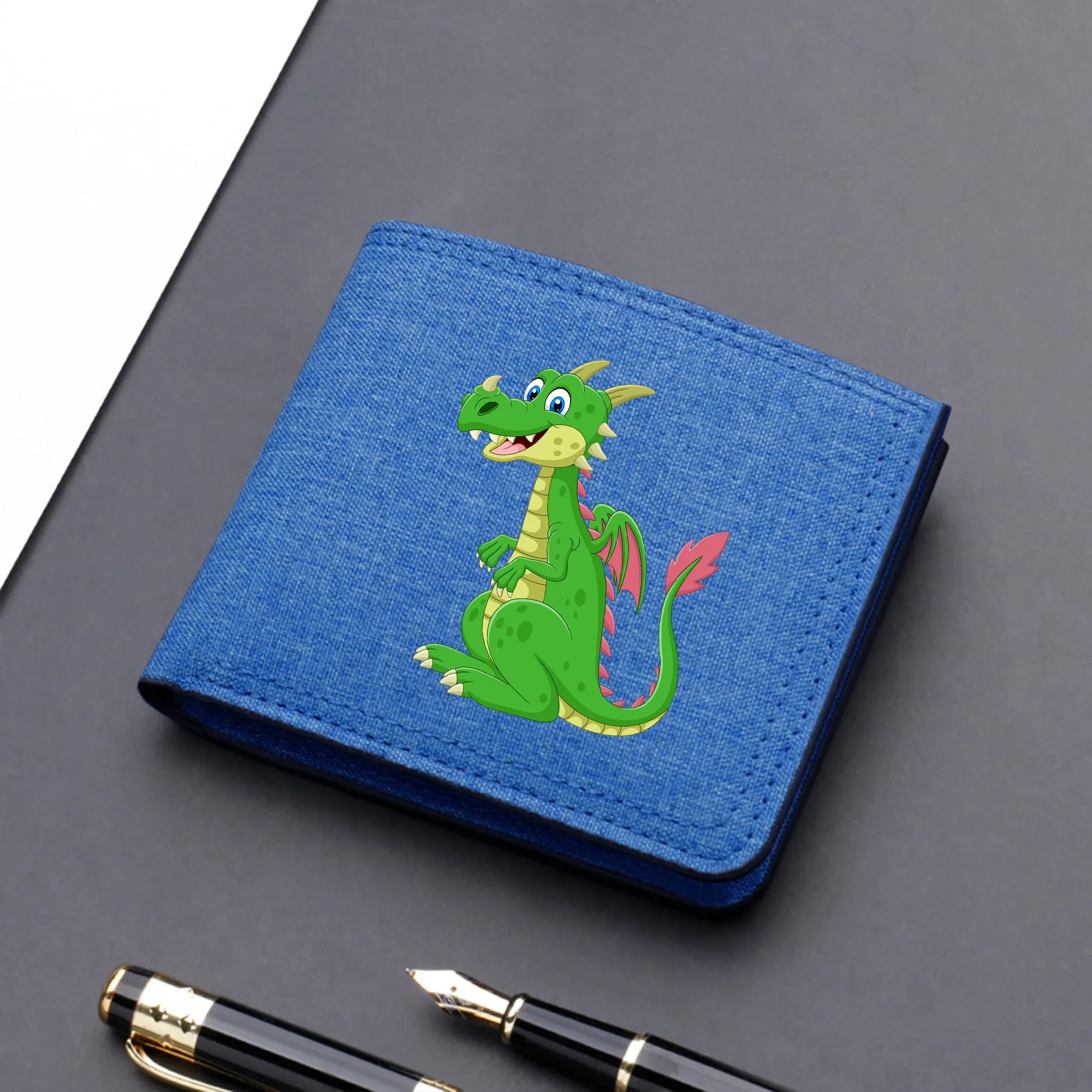 Cute Dragon Print Bifold Wallet Multi-card Card Holder Short Wallet Portable Money Clip Fashion Canvas Christmas Gifts