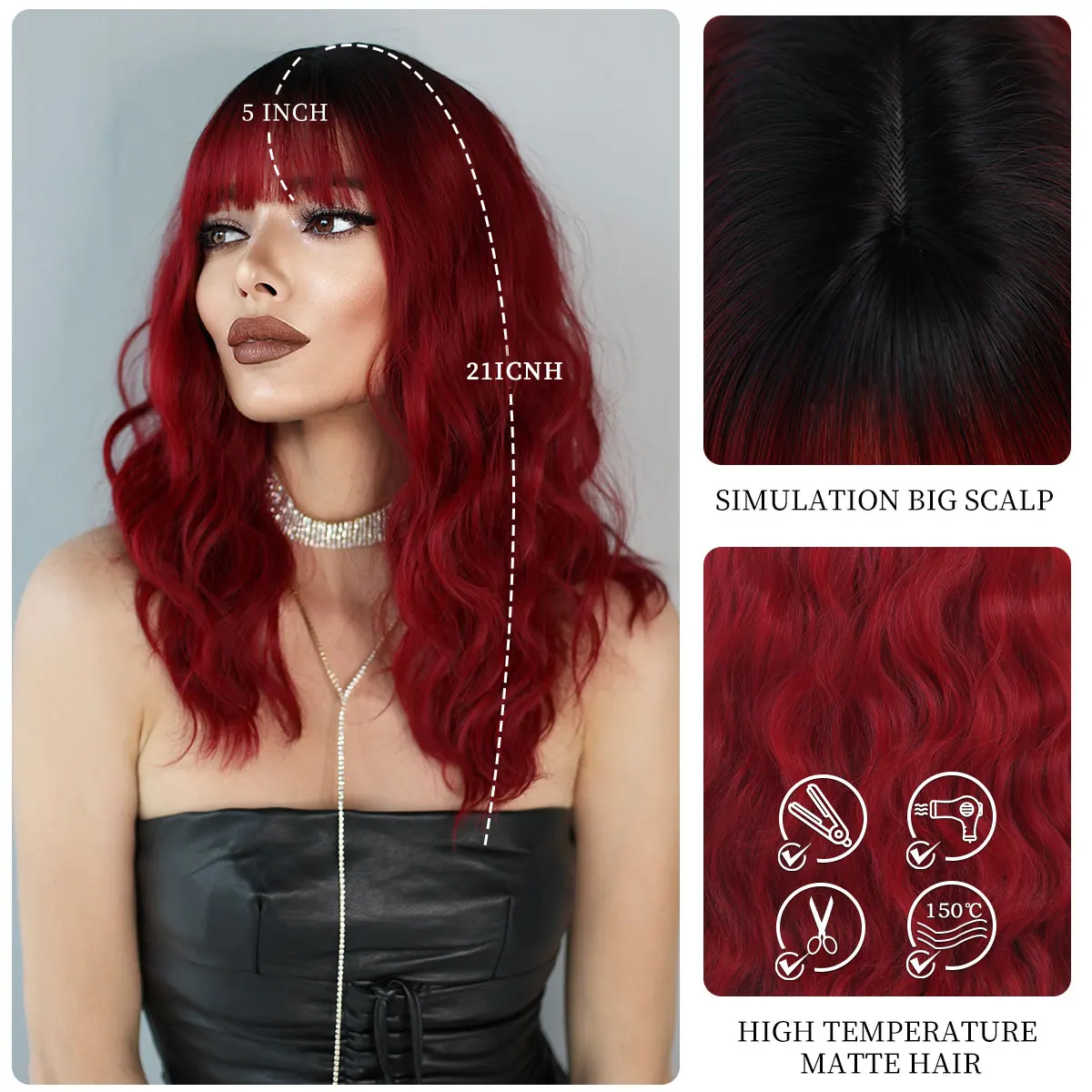 7jhhウィッグ女性のためのダークレッドのかつらバーガンディの波