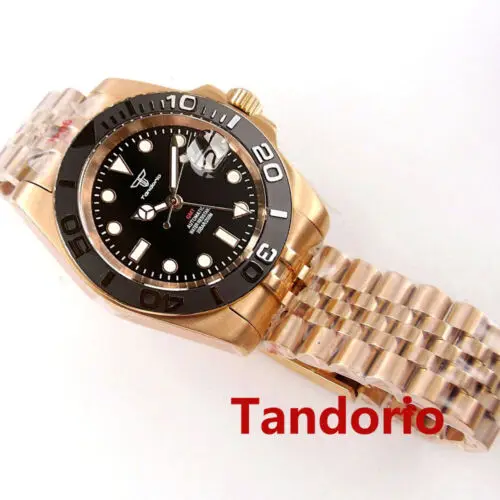 Tandorio 20Atm 40Mm Vetro Zaffiro Nh34A Movimento Automatico Oro Rosa Orologio Da Uomo Per Gmt Fuction Quadrante Nero Jubilee Strap Lume