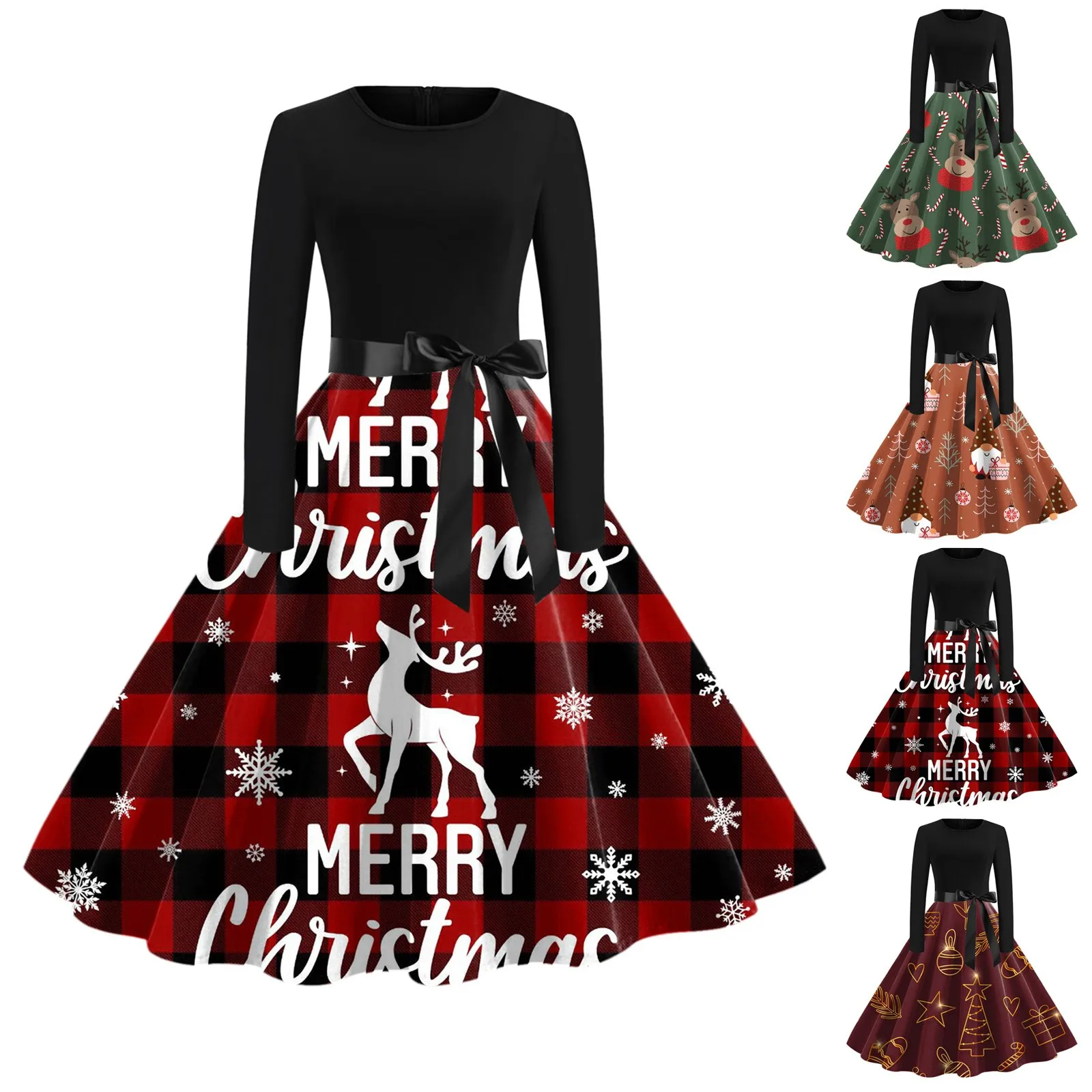 

Women Christmas Print Long Sleeved Crewneck Bow Dress New Party Swing Sundresses for Ladies Autumn Elk Xmas Tree Printed Dresses