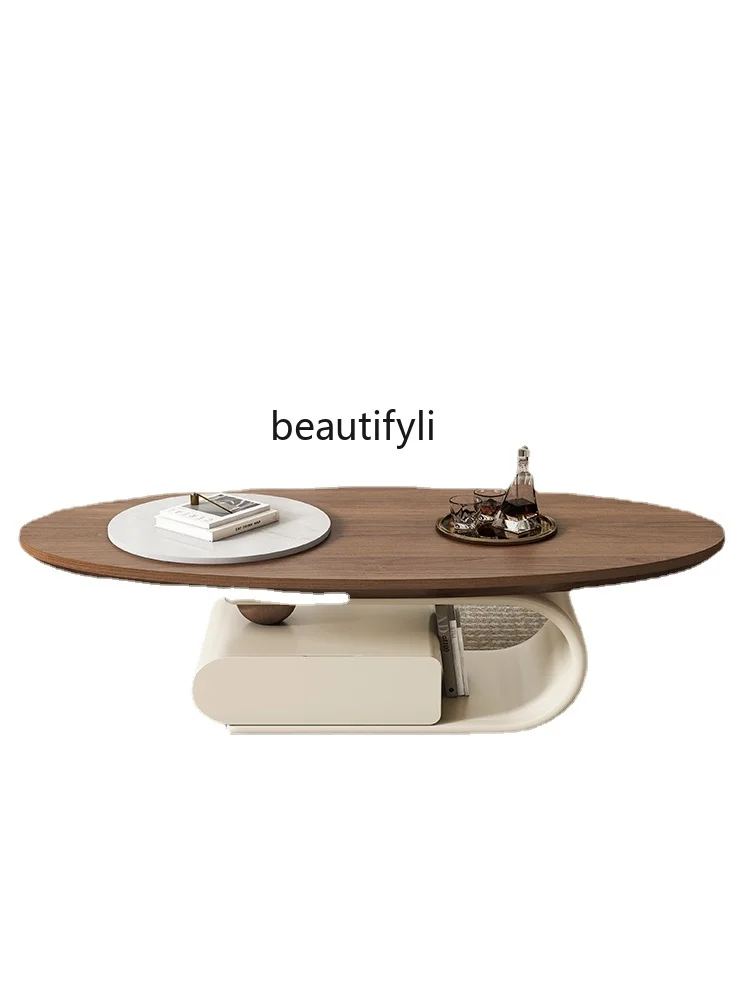

Black Walnut Modern Simple Small Apartment Cream Style Living Room Solid Wood Tea Table Ancient Style Oval Designed by a Maestro