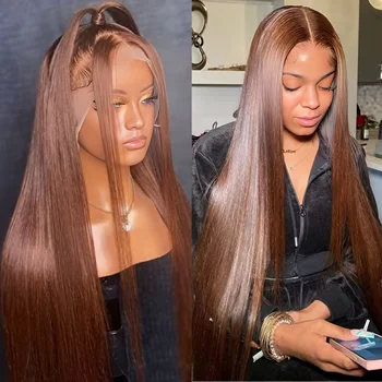 Chocolate Brown 13x6 HD Full Lace Frontal Wig 100% Human Hair 30Inch Brown Straight 13x4 HD Lace Front Human Hair Wigs For Women