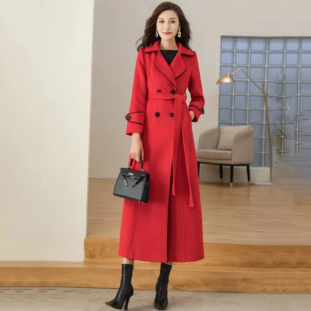 

New Women Red Woolen Overcoat Autumn Winter Fashion Simplicity Patchwork Turn-down Collar Double Breasted Long Wool Blended Coat