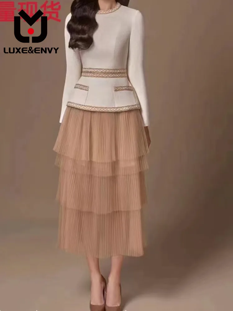 

LUXE&ENVY Winter New Elegant Celebrity Tea Edge Mesh Skirt Set