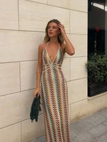 Sexy Printed Colorful Deep V-neck Crochet Maxi Dress Women Chic Sleeveless Backless Sling Slim Vestido 2025 Lady Vacation Robes 1