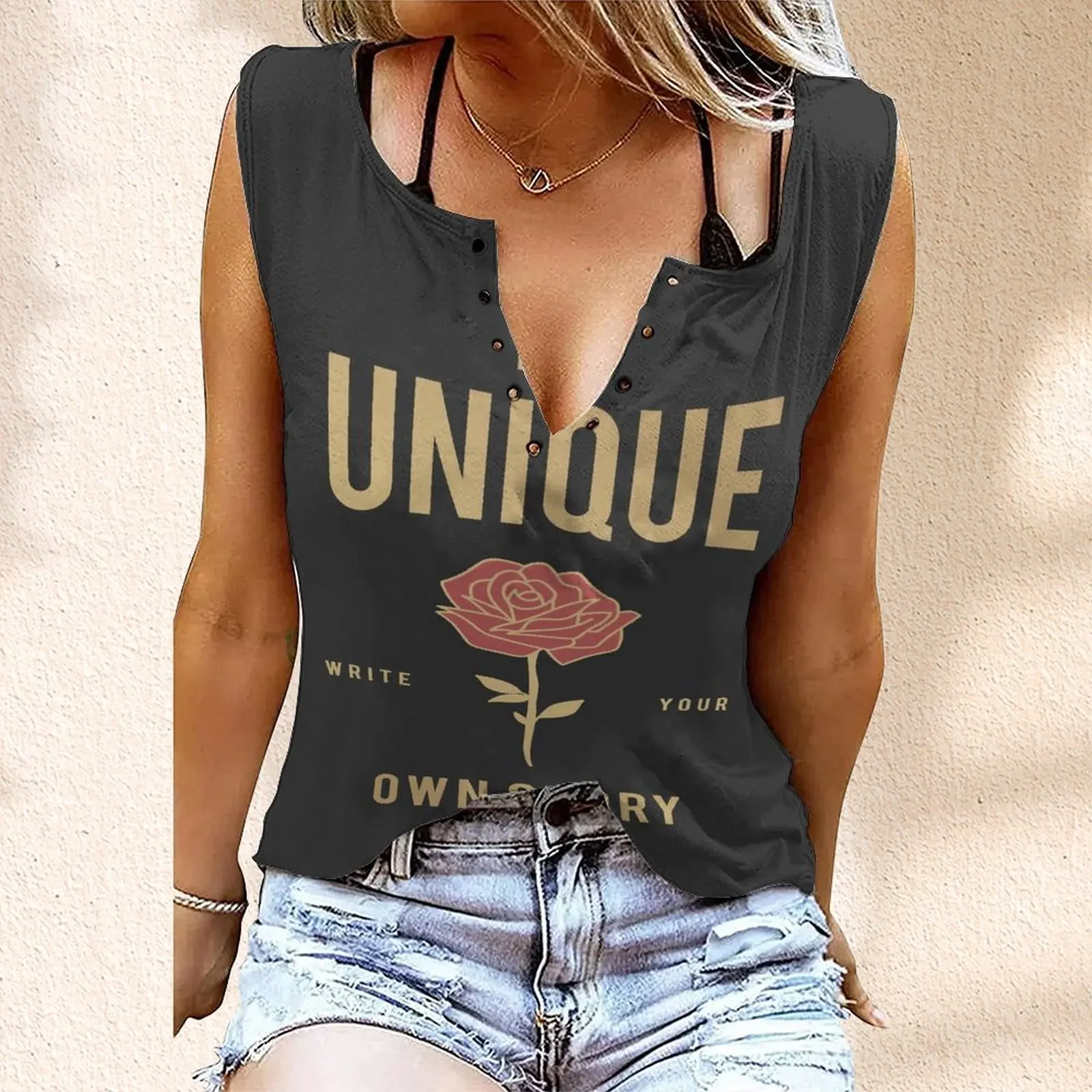 

Summer Women's Fashion Sexy Sleeveless Roses Print Open Collar Rivets Vest Top