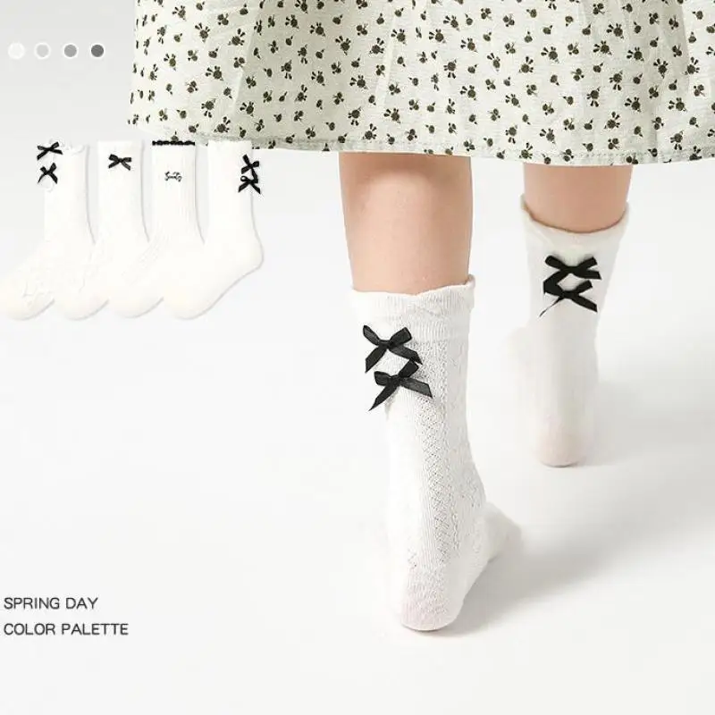 Spring 4pairs/lot Solid White Sweet Bow Girl Baby Mid Socks Children Fashion Letter Cotton Socks Kid Breathable Sport