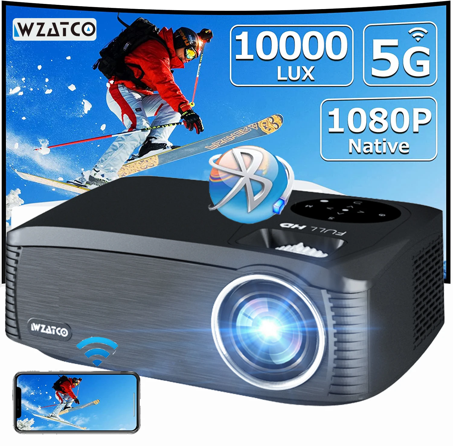 WZATCO C6A 300inch Android 9.0 WIFI 5G Full HD 1920*1080P LED Projector
