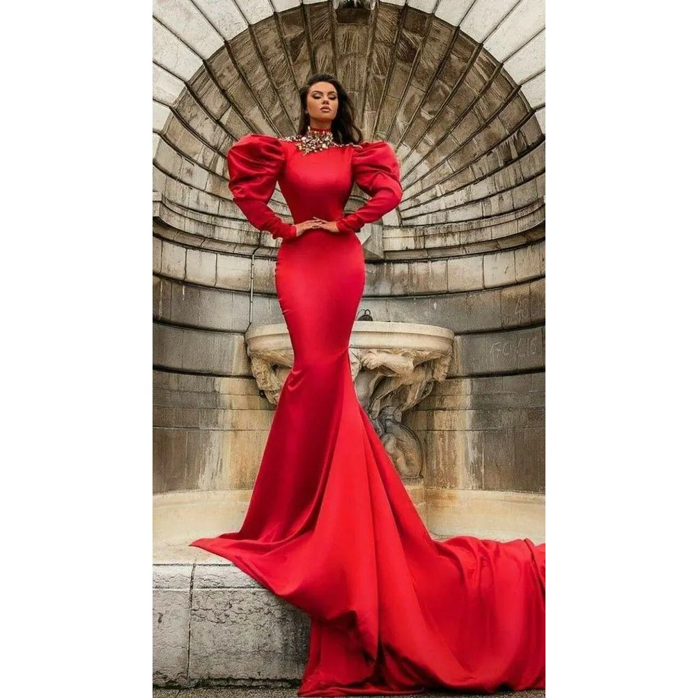 

Kadisua Luxury Red Evening Dress Long Sleeve High-Neck Floor Length Crystal Satin Special Event Guest Women Prom Dresses 2024