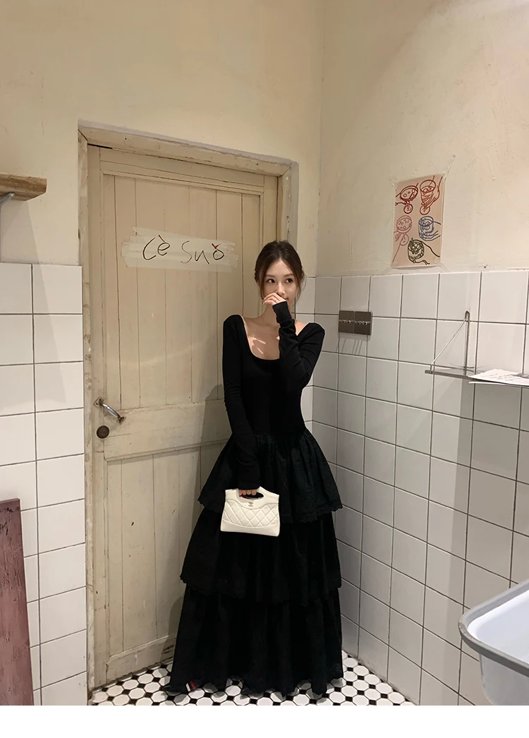 Autumn New Cake Midi Dresses for Women Solid Long Sleeve U-neck Backless A-line Korean Fashion Casual One Piece Vestidos Mujer