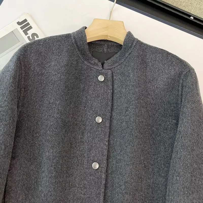 Withered French Fashion Simple Single Breasted Wool Jacket Coat Office Ladies Retro Button Grey Elegant Baseball Jacket Women