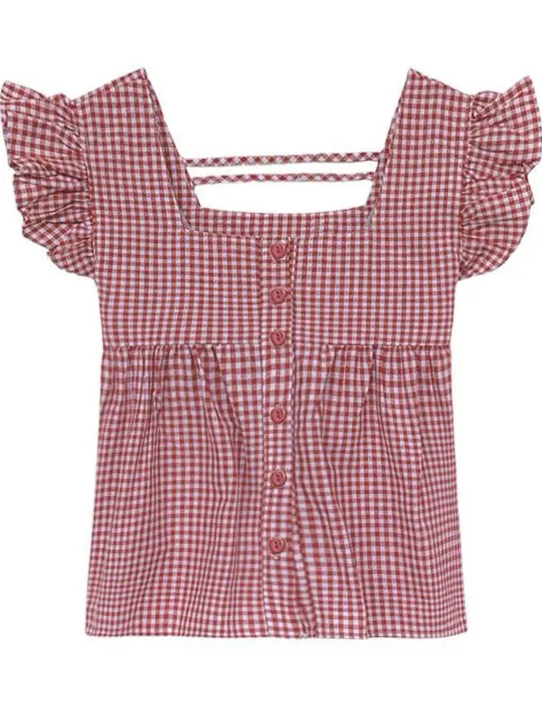 Women's Plaid irt Summer 2025 New Sle Square Collar ort Sve Fly Sve Cheered Top Straight Tube Single Button