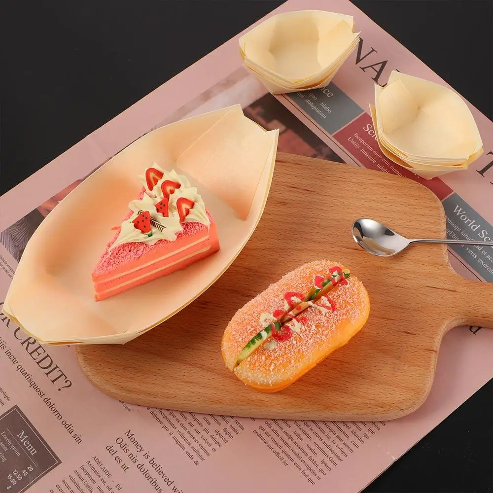 Disposable Food Trays 50Pcs Disposable Pine Wood Paper Bowl Adorable Boat Shape Serving Tray Sushi Food Kitchen Bakeware For Home Dining Bar