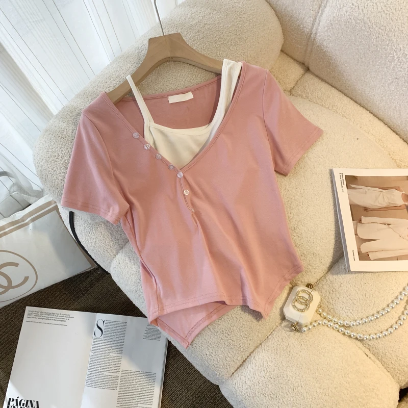 여성용 반팔 멜빵 투피스 상의, 불규칙 심플 통근 티셔츠, 스위트 걸 슬림 멜빵, Y2K, 여름 신상 Best5 여성용 반팔 멜빵 투피스 상의, 불규칙 심플 통근 티셔츠, 스위트 걸 슬림 멜빵, Y2K, 여름 신상 Best5