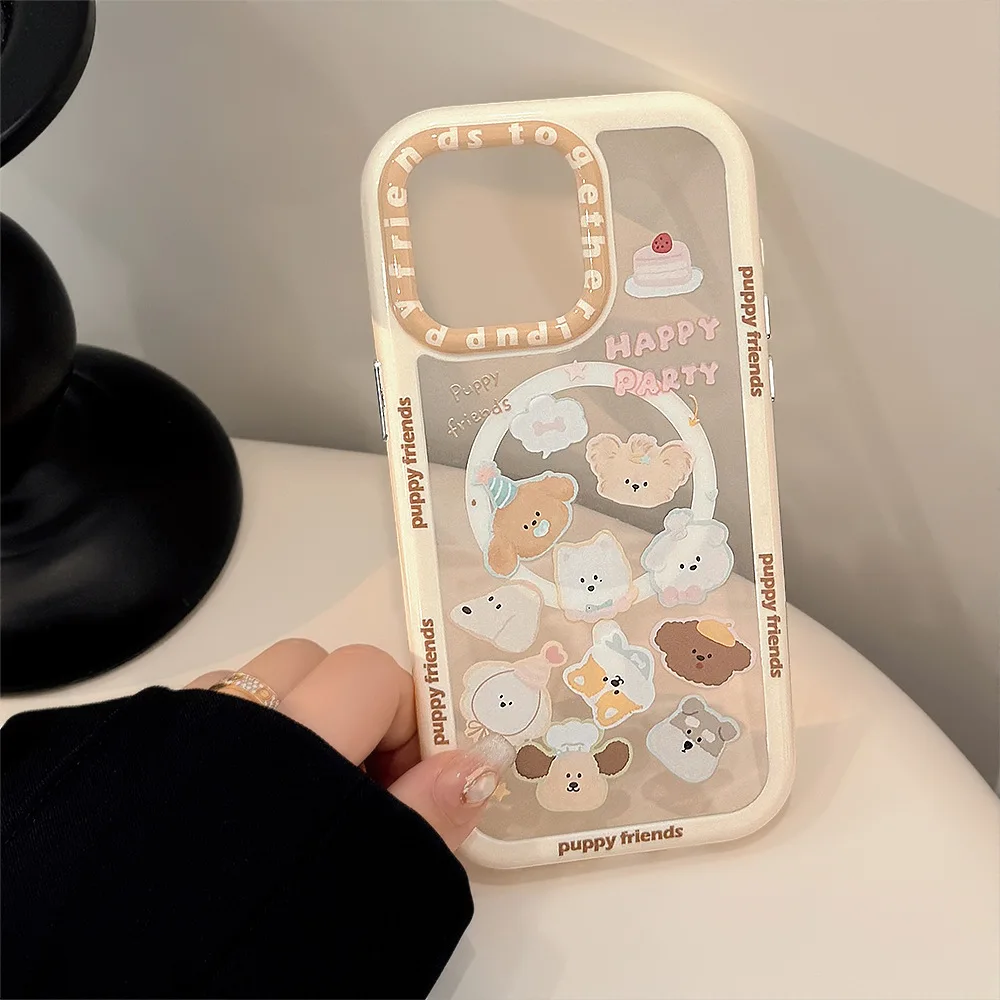 Clear Magnetic Phone Case with Cartoon Puppy Design and Chain