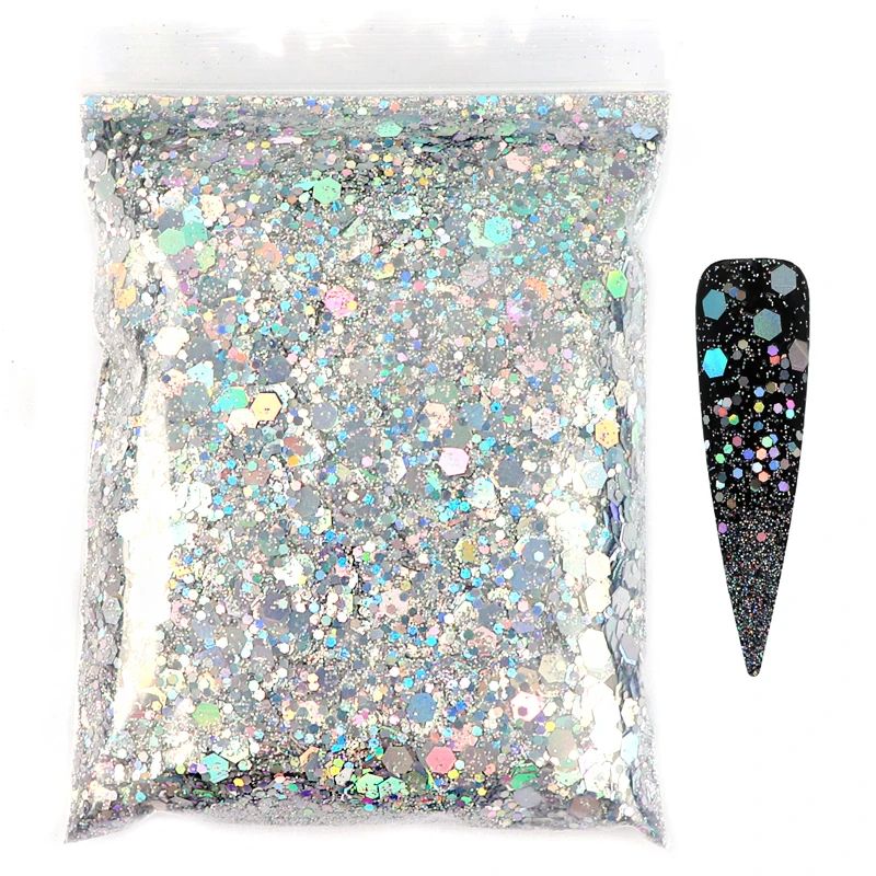 Nail glitter 50g Holographic Nail Glitter Powder Sparkly Laser Gold Silver Mixed Hexagon Shape Chunky Sequins Dust DIY Nail Art Decoration