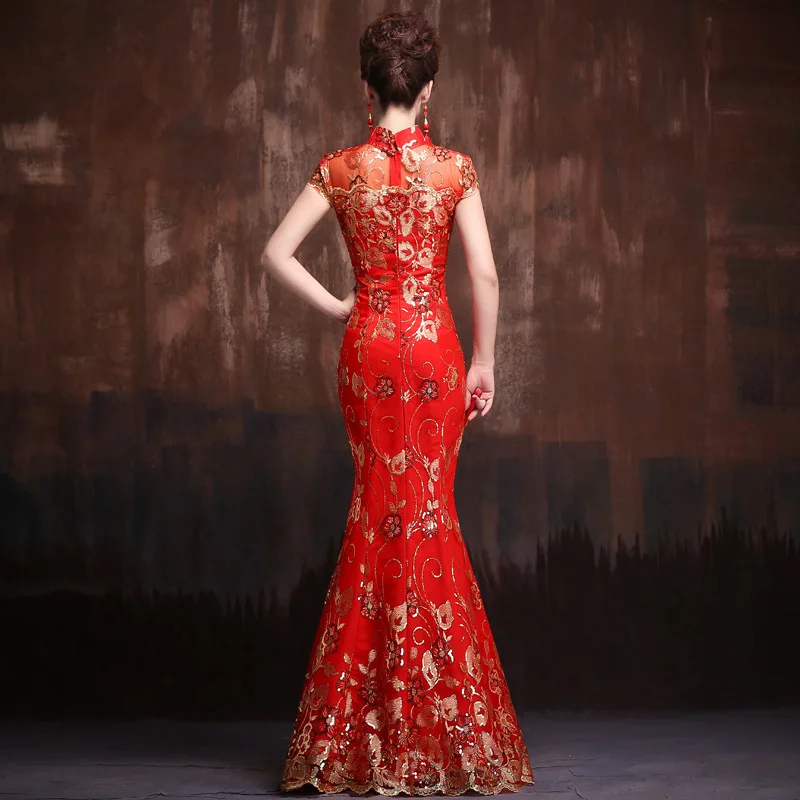 New Women Red Wedding Cheongsam Fishtail Dress Qipao Gold Embroidery Chinese Style Long Evening Dresses Party Costume