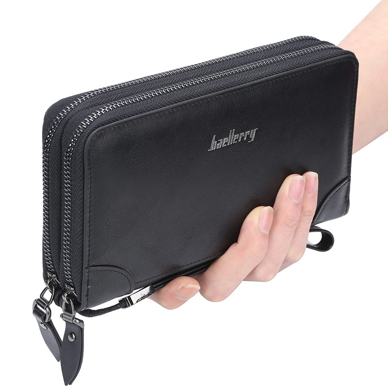RFID Women's Black Wallet Made of Genuine Leather Large Plaid Zipper Coin Purse Long Wristband Money Clip Clutch Bag Card Holder