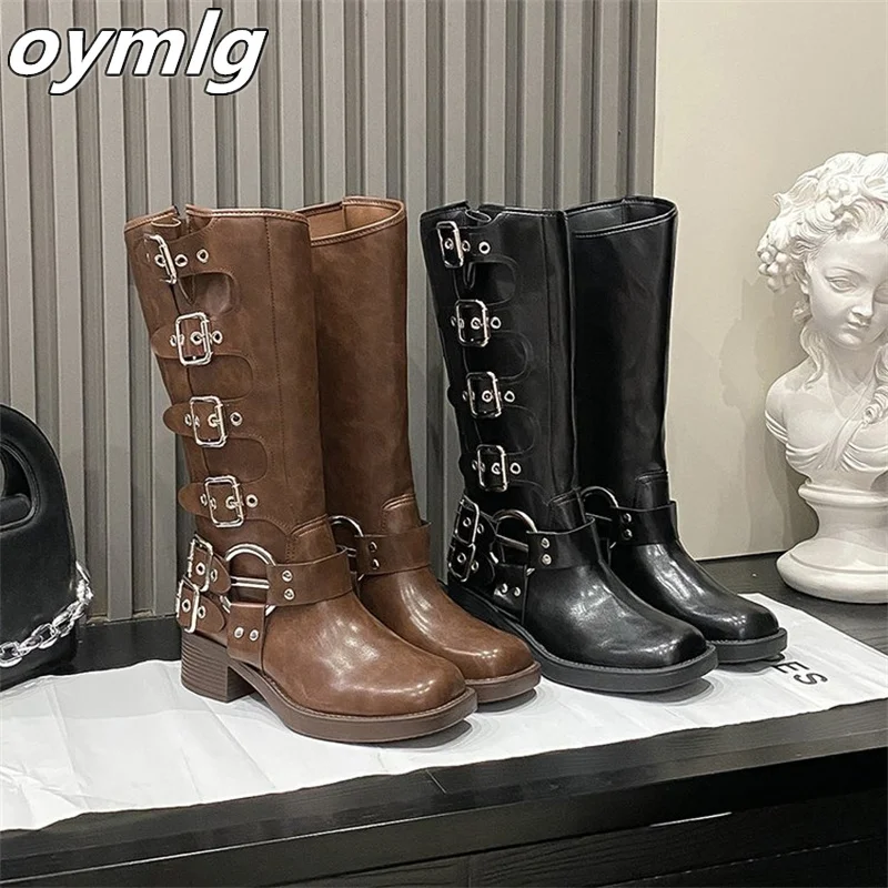 Retro knee length boots with belt buckle, thick heels, brown women's autumn and winter new Western boots, knight fashion boots