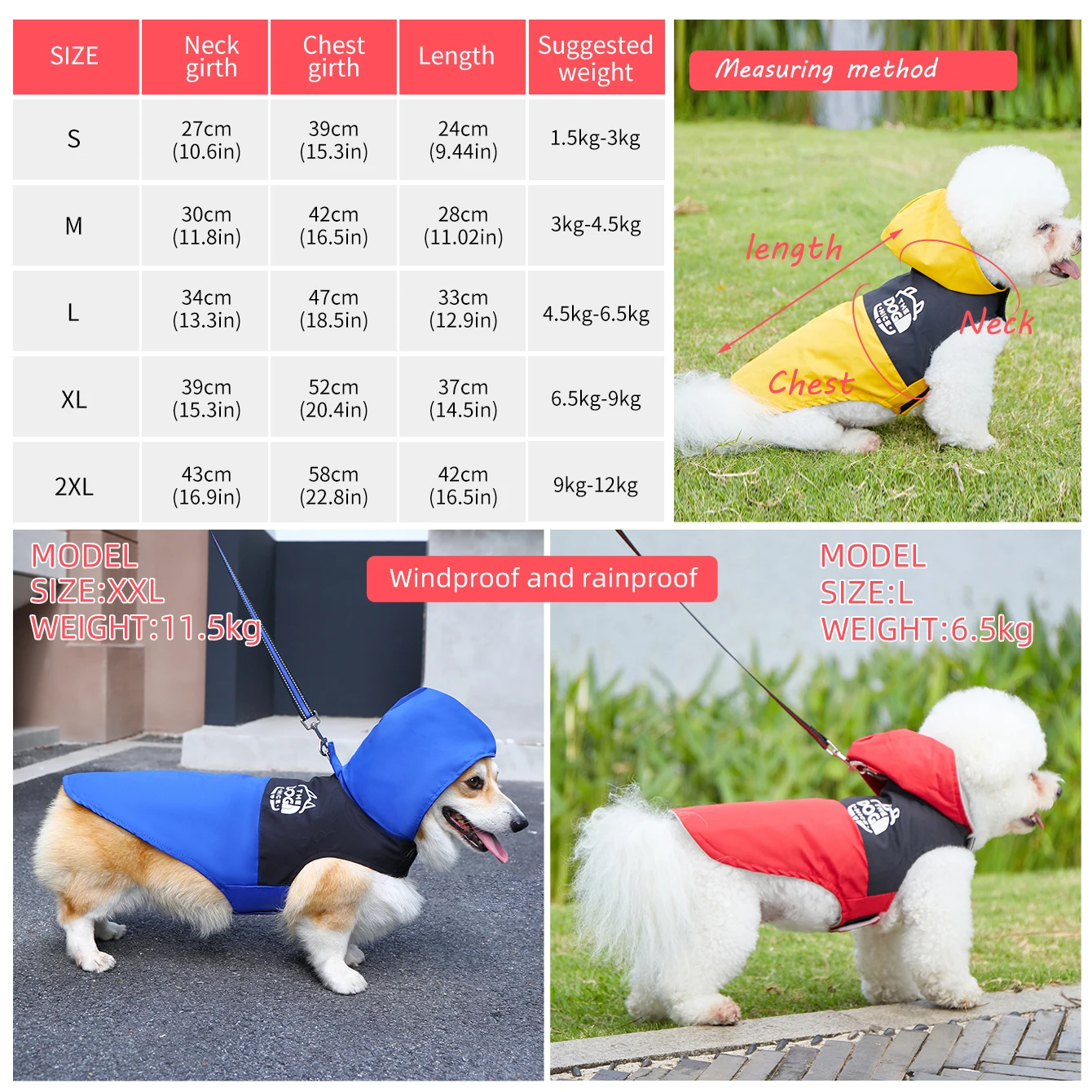 Pet Dog Waterproof Raincoat Hard Shell Jacket-Small & Medium Pets Autumn Winter Fleece Hoodie Coat with Rainproof Fabric