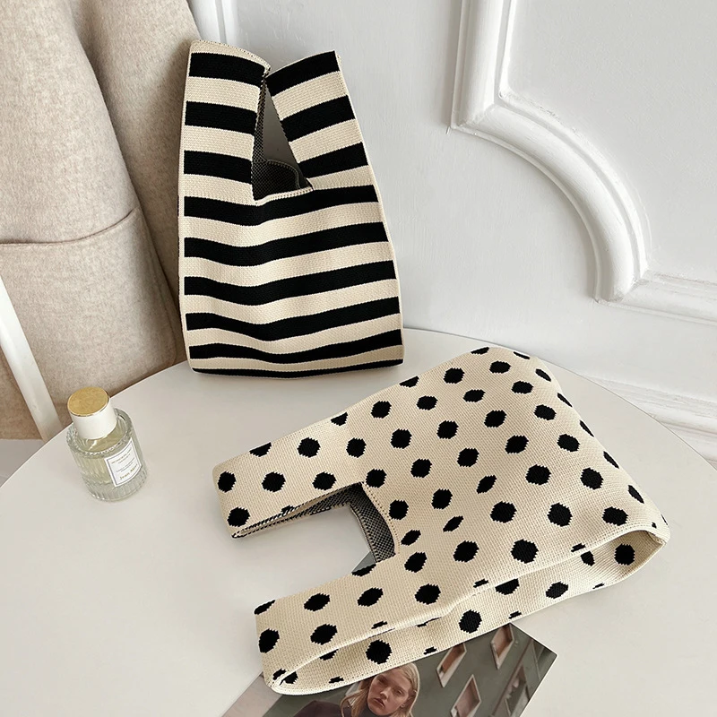 New Wide Striped Handmade Knitted Handbag Minimalist Korean Women Mini Knot Wrist Bag Tote Bag Student Reusable Shopping Bags