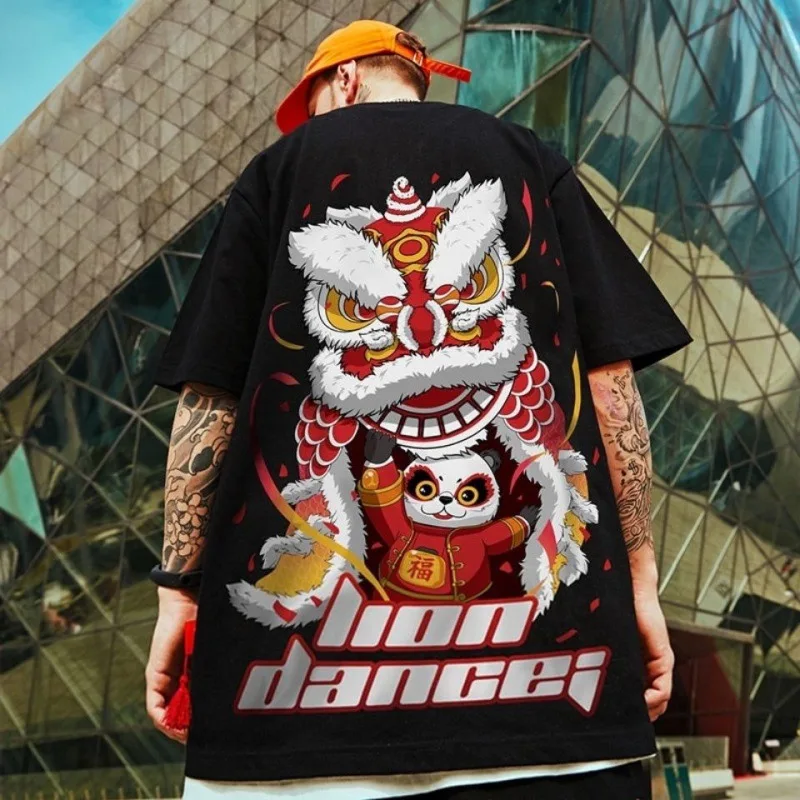 

Summer Wake Up Lion Short-sleeved Male Lion Dance T-shirt Chinese Style Half-sleeved Trend Couple Streetwear Woman Tshirts