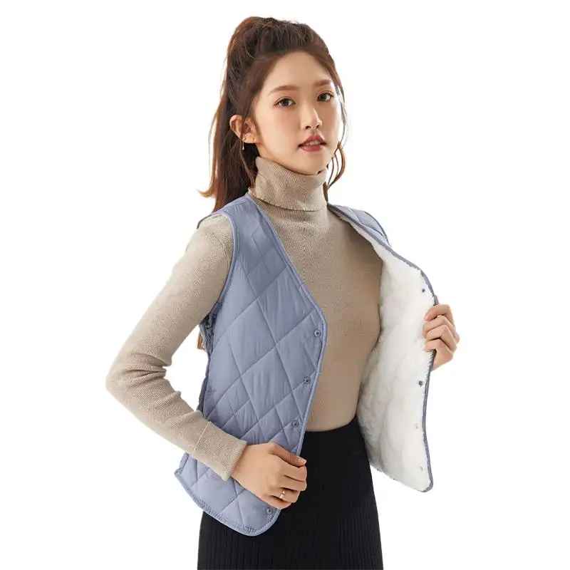 

Feminine New Autumn Winter V-Neck Ultra Light Down Vest Rhombic Lattice Lightweight Berber Fleece Slim Fit Solid Cozy Waistcoats