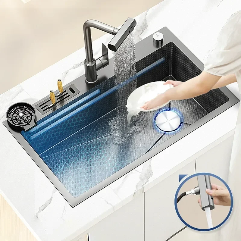 

Rotating Waterfall Kitchen Sink Stainless Steel Large Single Bowl Household Wash Basin with Knife Holder Smart Dishwasher