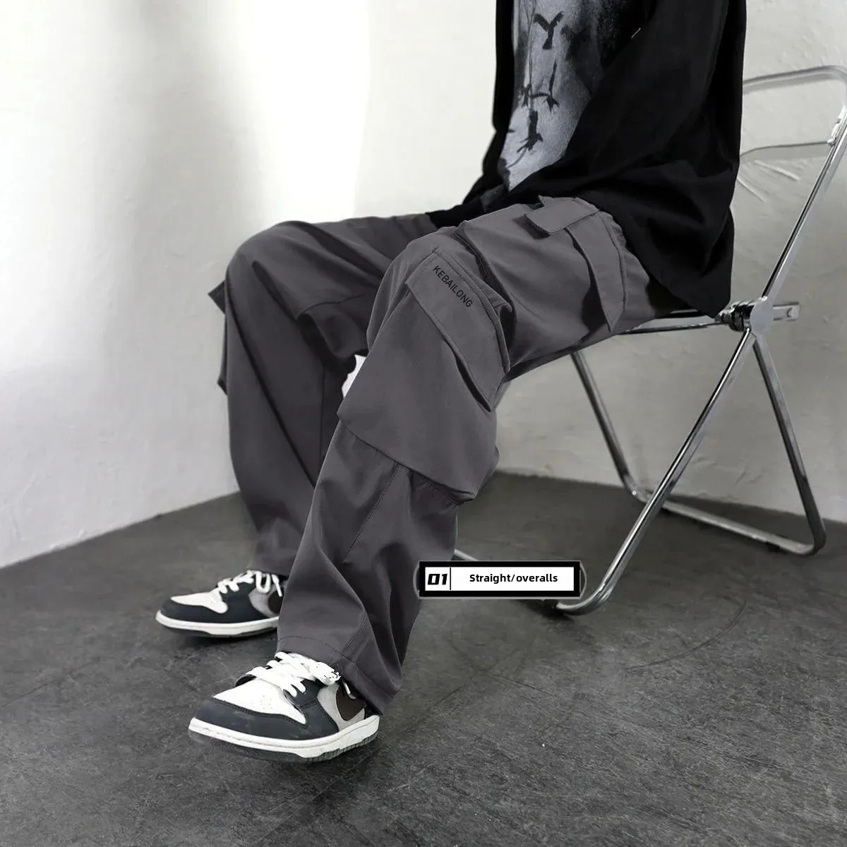 Moda masculina preto estilo americano calças de carga solto ajuste perna reta calças casuais estilo perna larga para streetwear