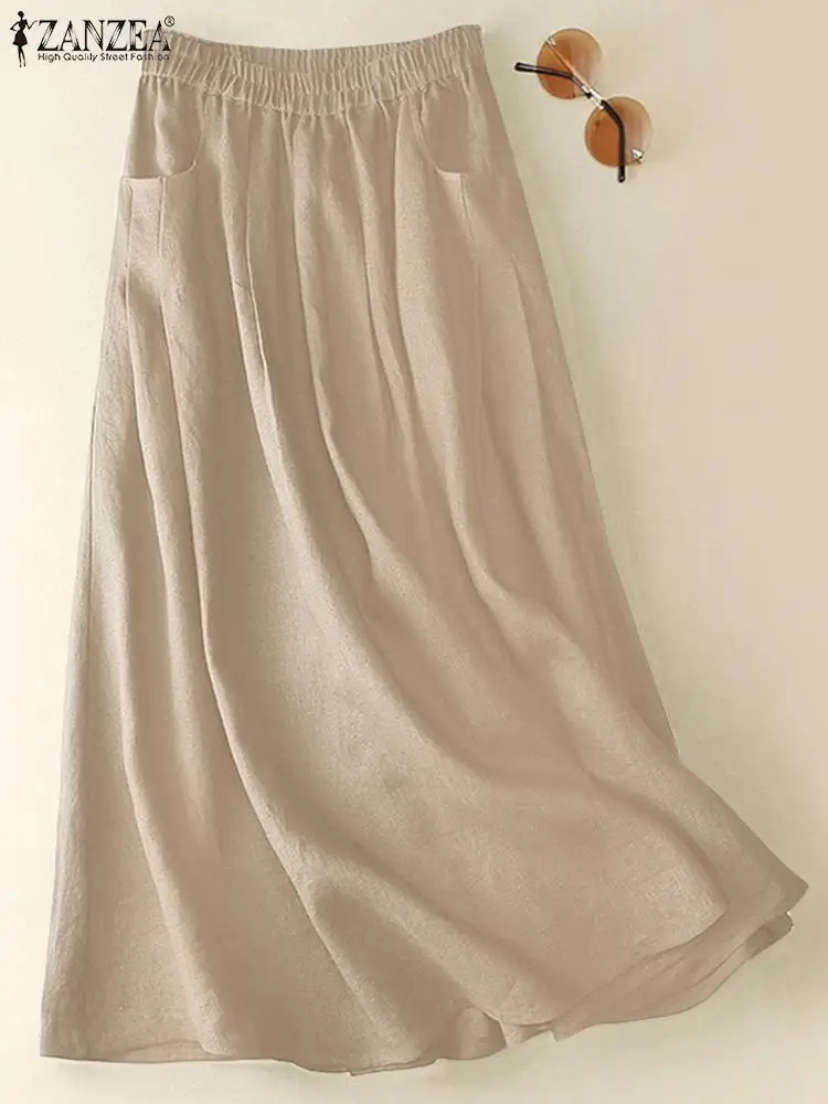 

ZANZEA Summer Casual Loose Skirts Fashion Solid Sundres Woman Elastic Waist Pockets Jupe Holiday Dress Elegant Skirt Faldas Saia