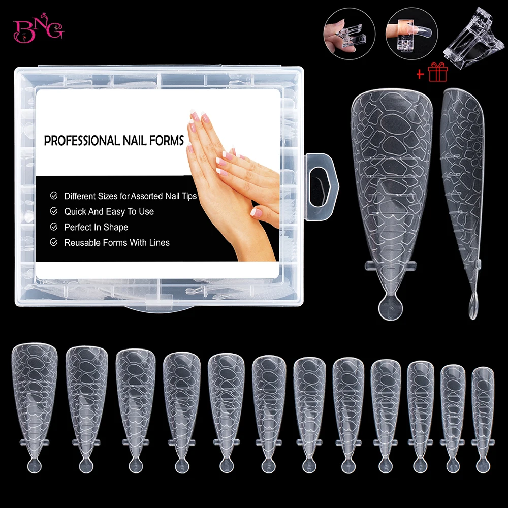 

BNG Dual Forms for Poly Nail Gel 120Pcs Stiletto Extension Gel Nail Molds Clear Acrylic Nail Tips Full Cover Reusable Nail Forms