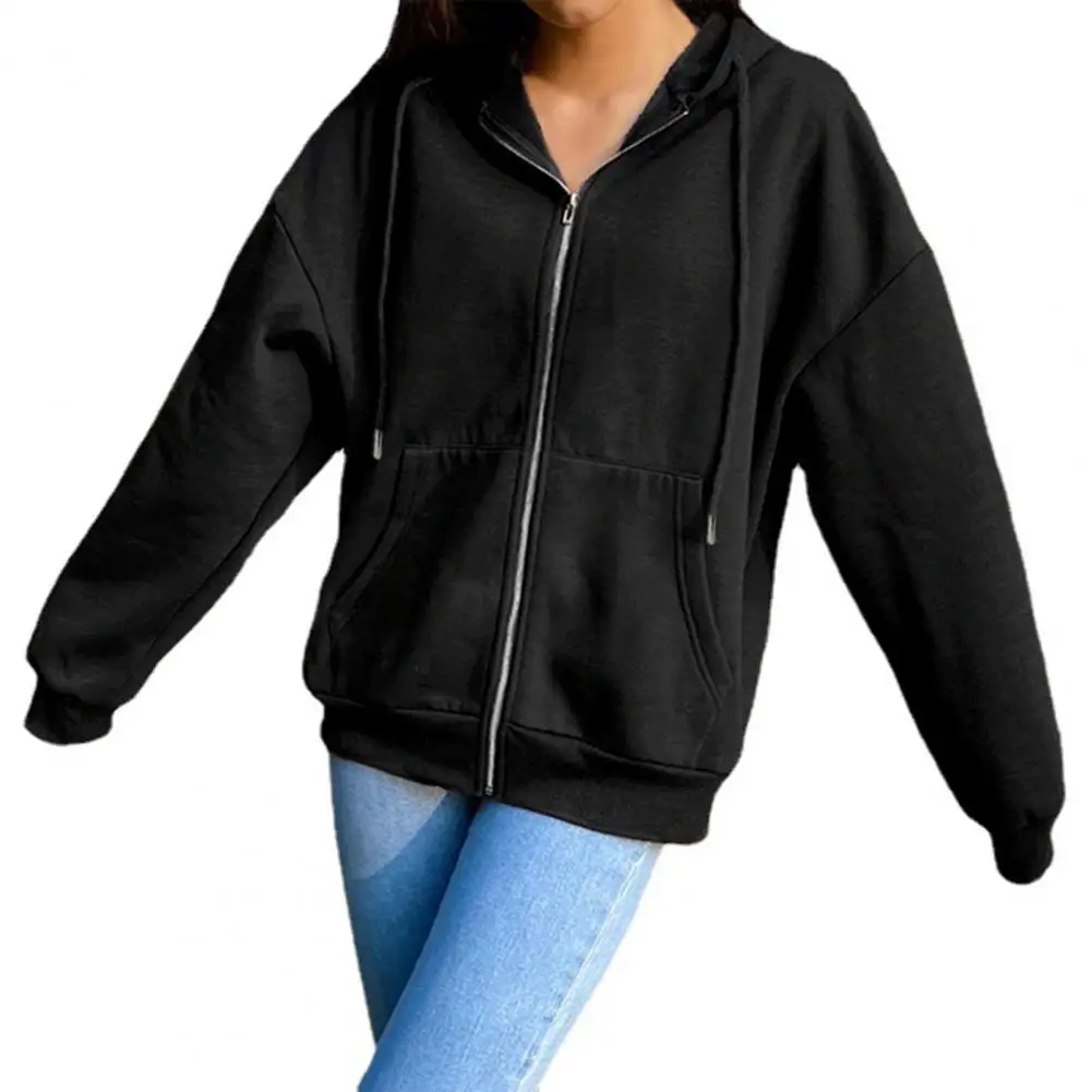 

Stylish Women Coat Shrinkable Cuffs Hoodie Coat Loose Women Pure Color Hooded Jacket Coat Cold Resistant