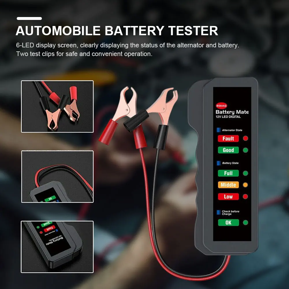 12V Auto Battery Tester Portable Vehicle Battery Testing Device Digital Car Monitor 6 LED Display for Automotive Vehicle