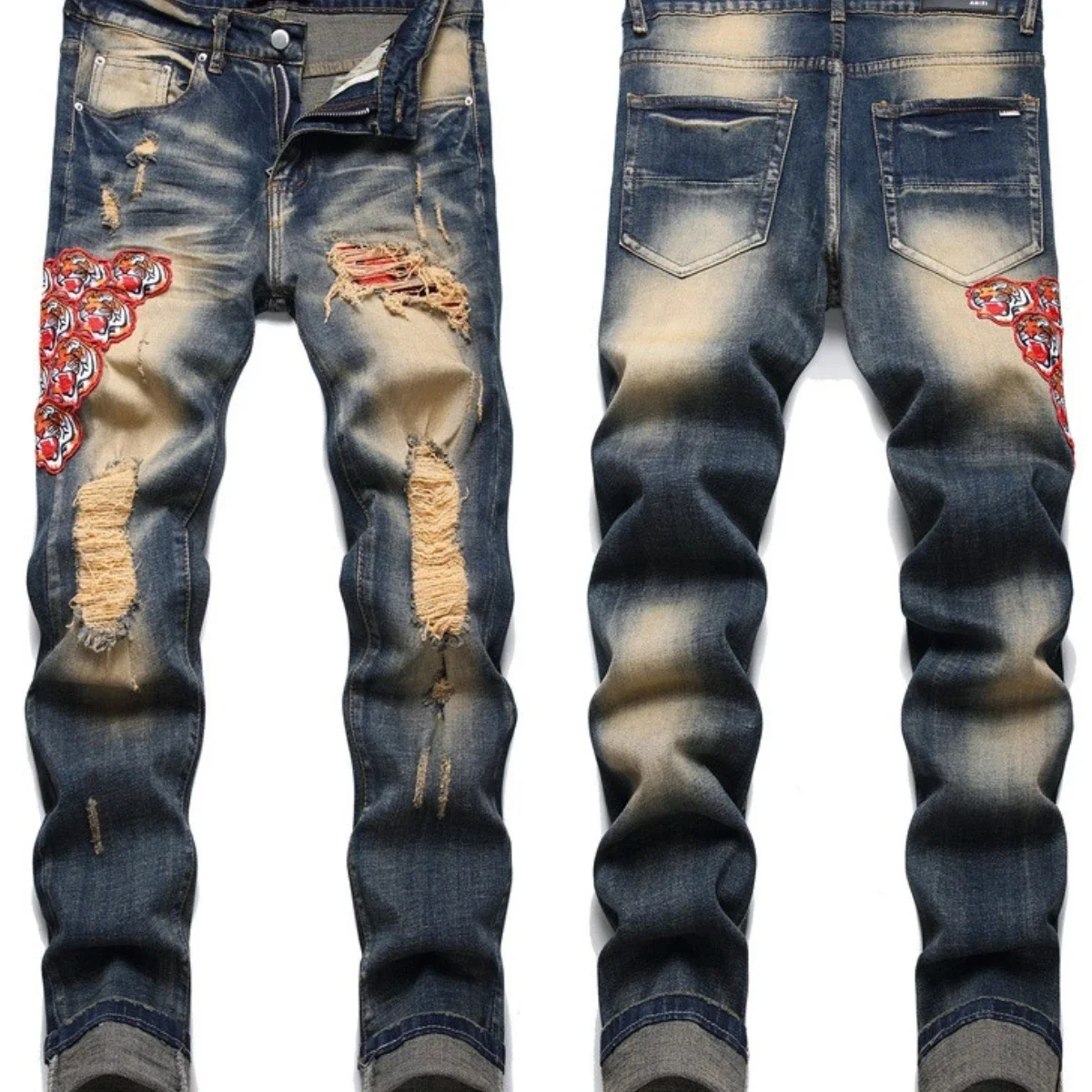 Men's Embroidered Distressed Jeans Splashed Ink Leather 3D Fabric High Elasticity Pants With Holes Loose Retro Elasticity Cotton