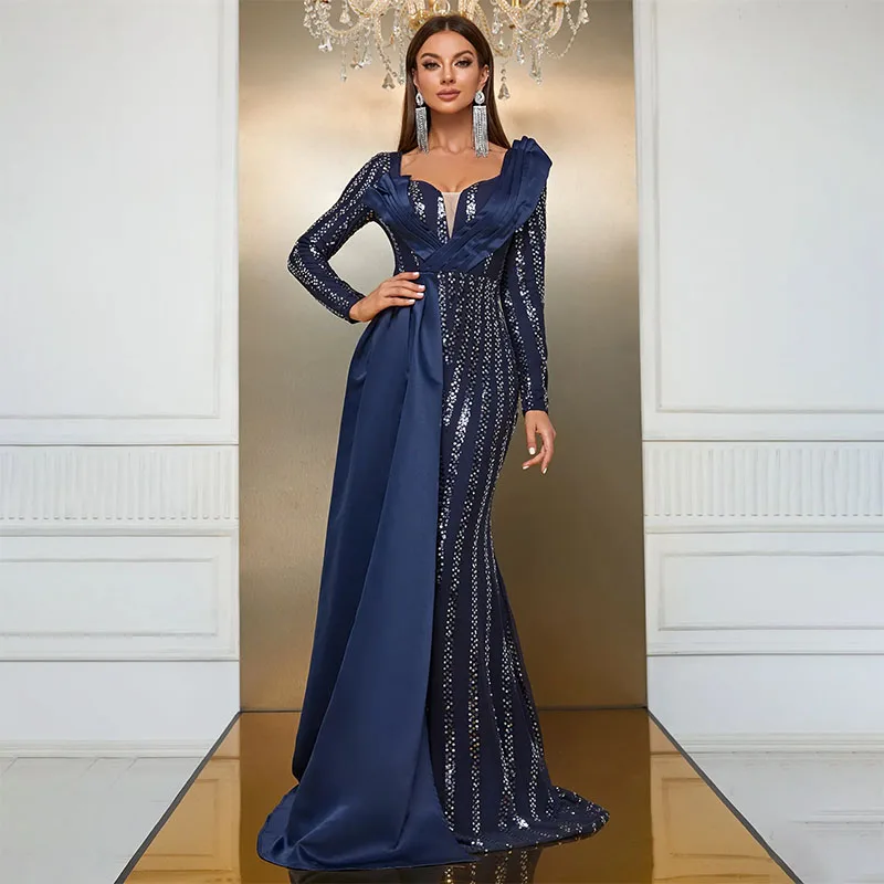 

Blue sequined Mother Of The Bride Dress Long Sleeves Satin Evening Saudi Arabia Party Dresses Luxury Prom Formal Occasion Gowns