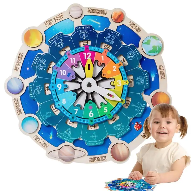 

Montessori Wooden Clock Toys Planet Puzzles Matching Board Constellation Clock Disk Time Cognition Teaching Aids Education Toy
