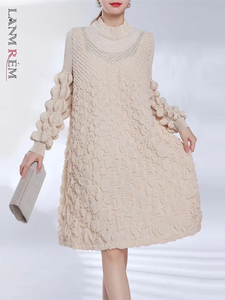 

LANMREM Women Pleated Mid Length Dress Stand Collar Embroidered A-line Loose Dresses Fashion 2024 Spring New Clothing 2AA4072