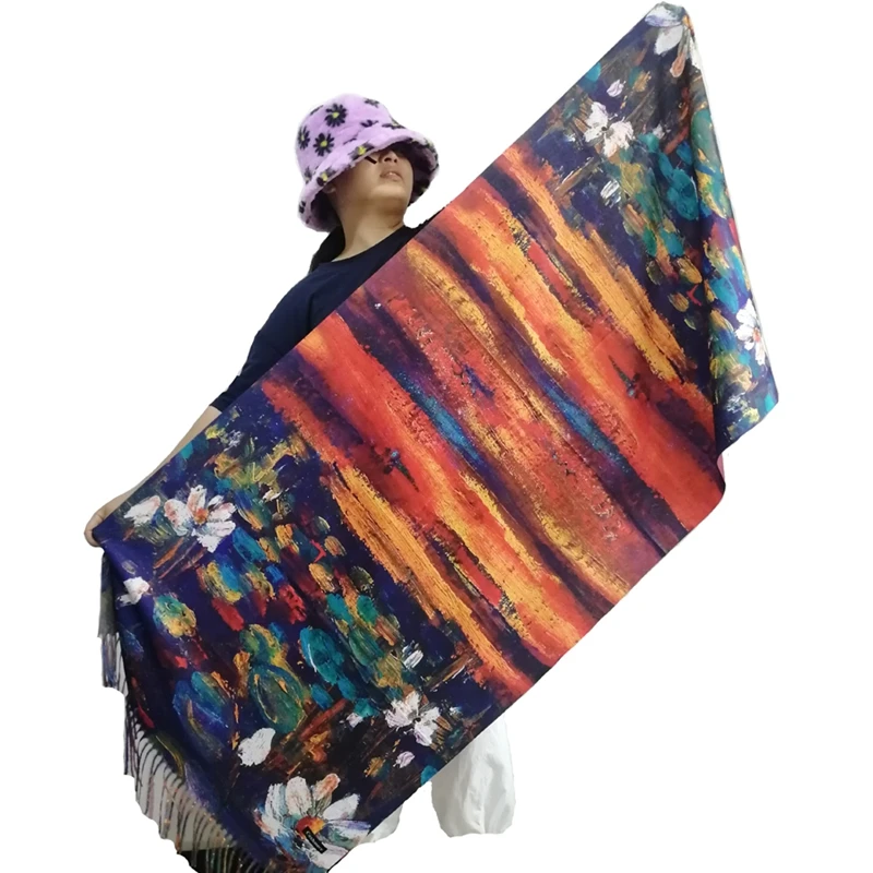 Van Gogh-Inspired Cashmere Wool Scarf - Coffee House Print Winter Wrap