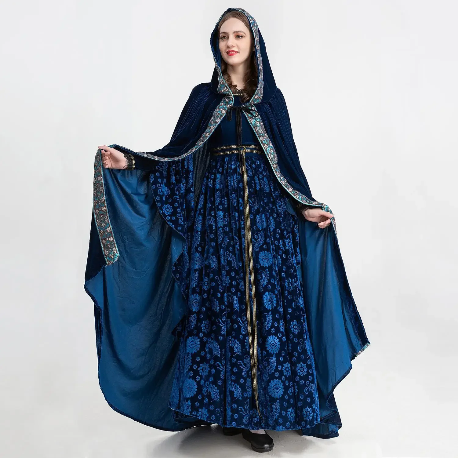 

Medieval Retro Elf Queen Princess Cosplay Costume Women's Victorian Floral Print Celtic Flared Sleeves Dresses Halloween Outfits