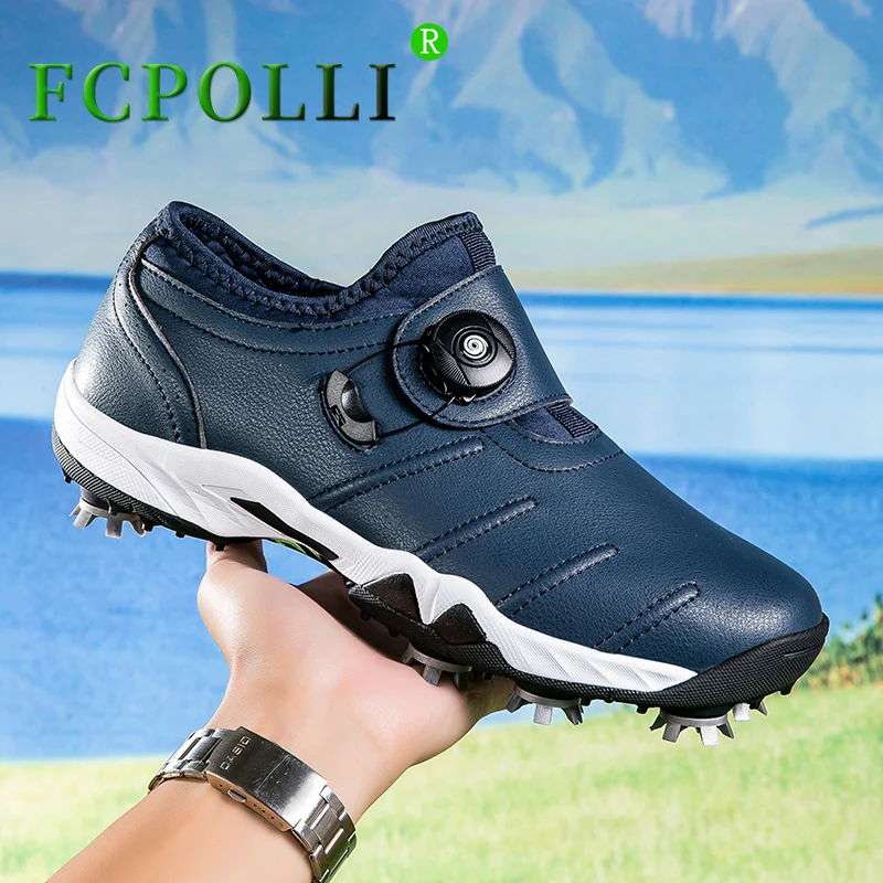 

Professional Mens Golf Training White Blue Sport Shoes Men Anti Slip Leather Spikes Golf Shoe Women Quick Lacing Golf Sneakers
