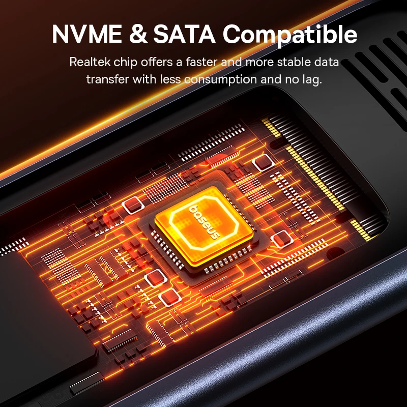 Baseus M2 SSD 케이스 NVMe SATA 듀얼 프로토콜, M.2 to USB C타입 3.2, 2 세대 휴대용 SATA NVMe 외장 인클로저 SSD 박스 케이스, 10Gbps