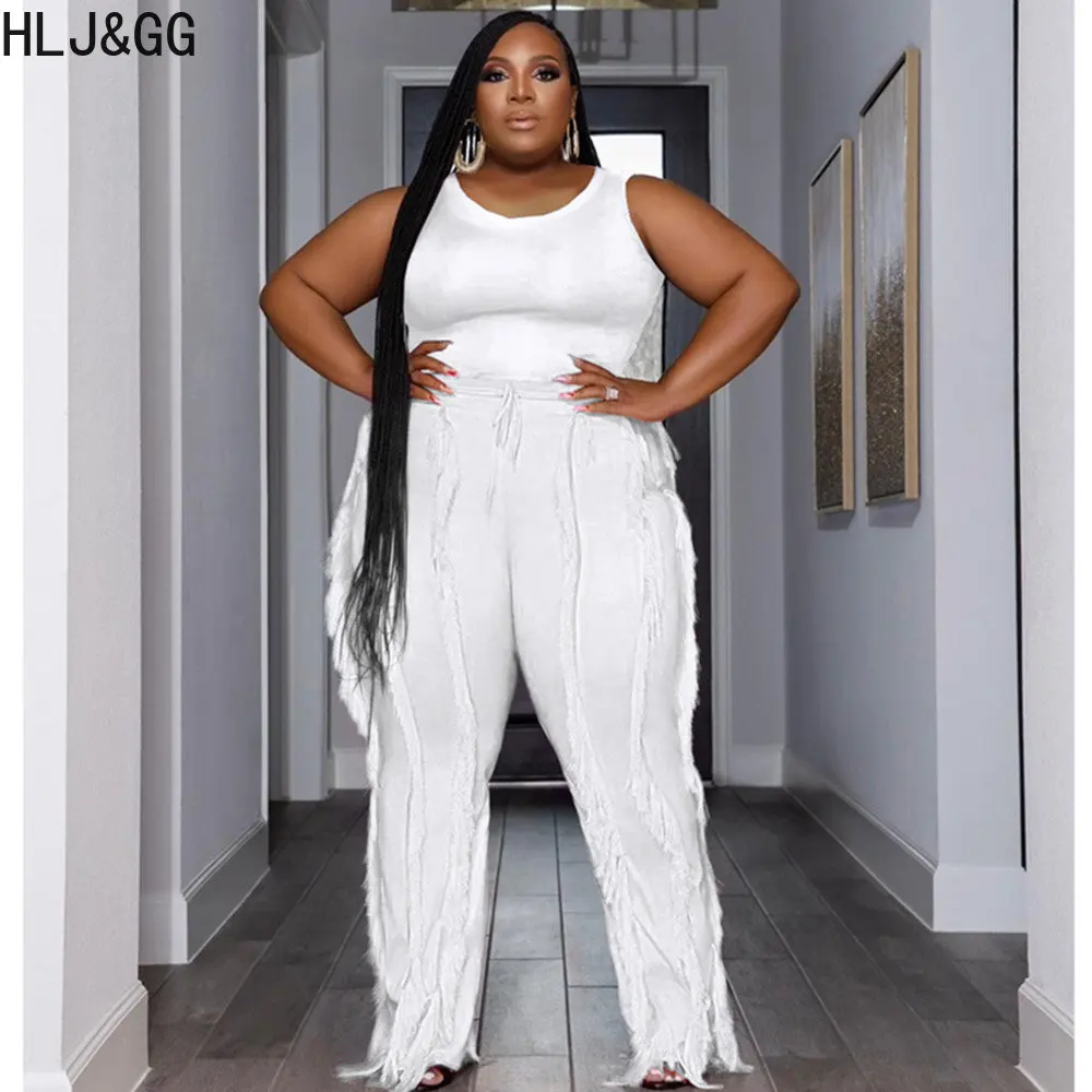 

HLJ&GG Plus Size Women Outfits XL-5XL Casual Sleeveless Bodysuits And Tassels Pants Two Piece Sets Female Solid 2pcs Tracksuits