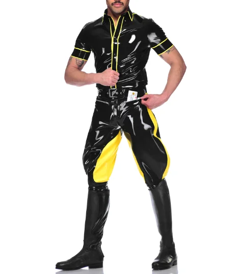 

Latex Rubber Gummmi Yellow black splicing men's suit role play party hand customized 0.4mm XS-XXL handsome