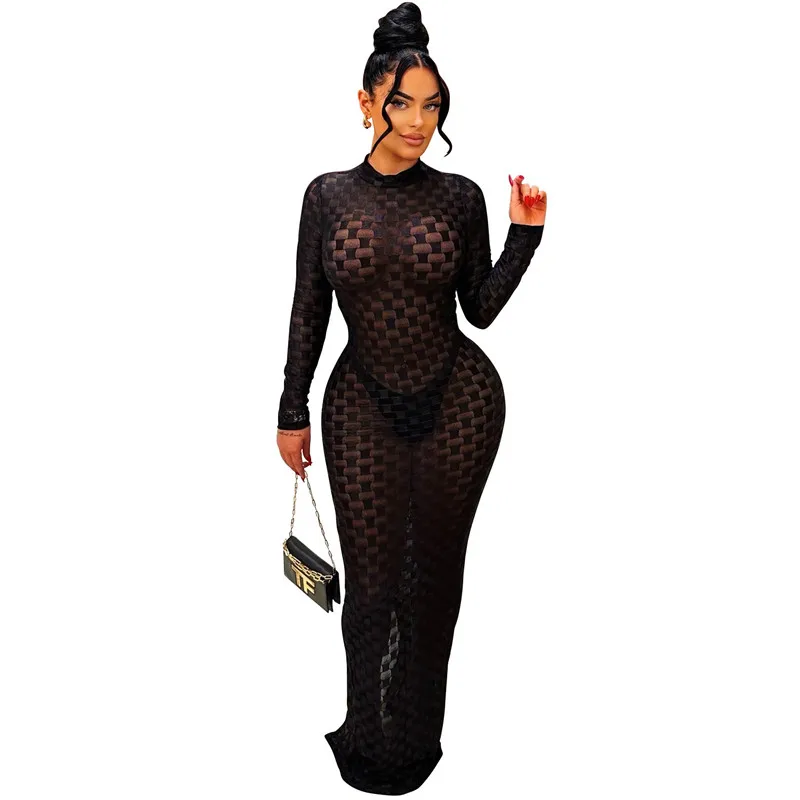 

Autumn Winter Plaid Sheer Mesh Dress For Women Long Sleeve O Neck Long Vestidos Black Evening Party Clubwear Ladies Clothes