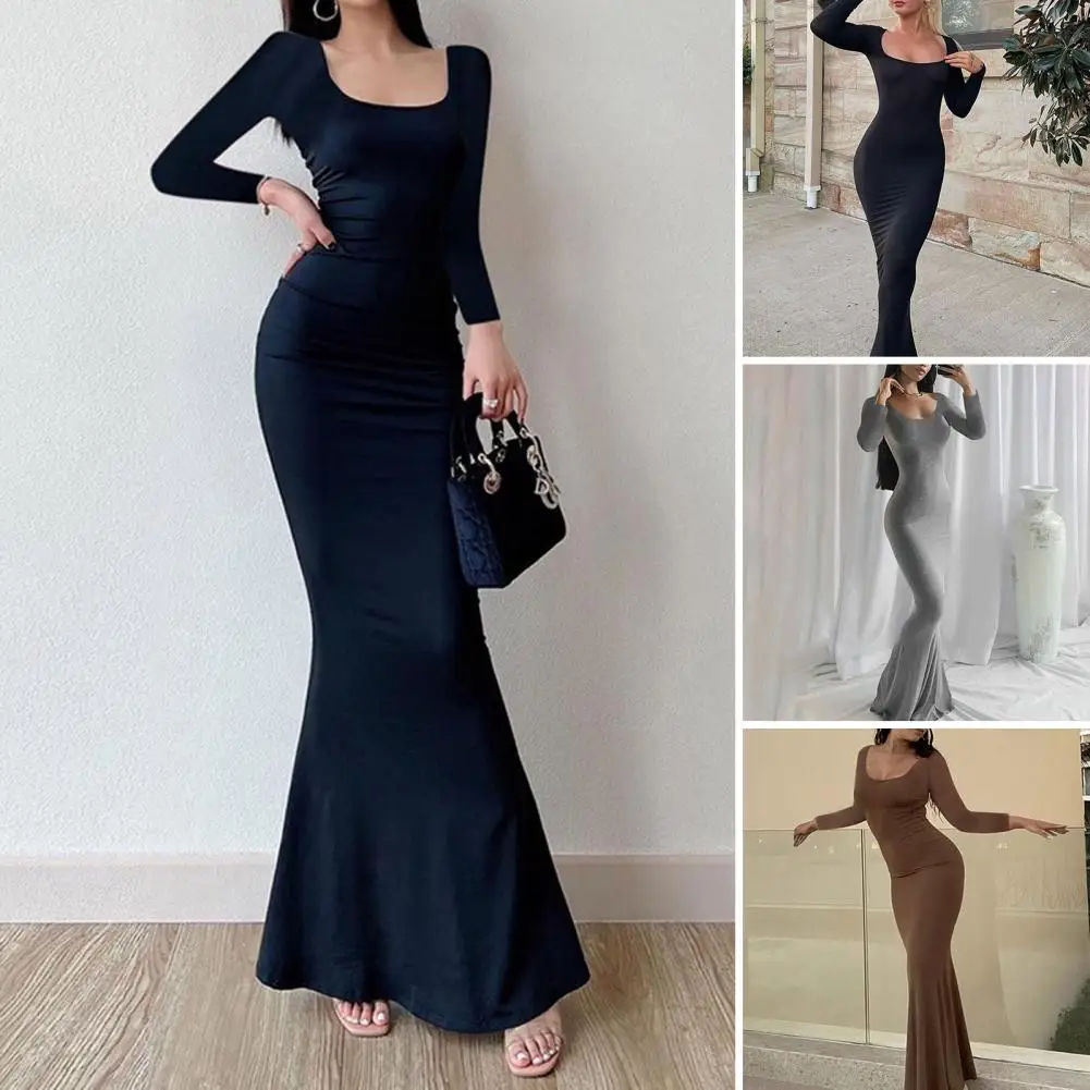 

Simple Maxi Dress Stylish Women's Autumn Maxi Dress Slim Fit Scoop Neck Long Sleeve Fishtail Hem Elegant Streetwear for A