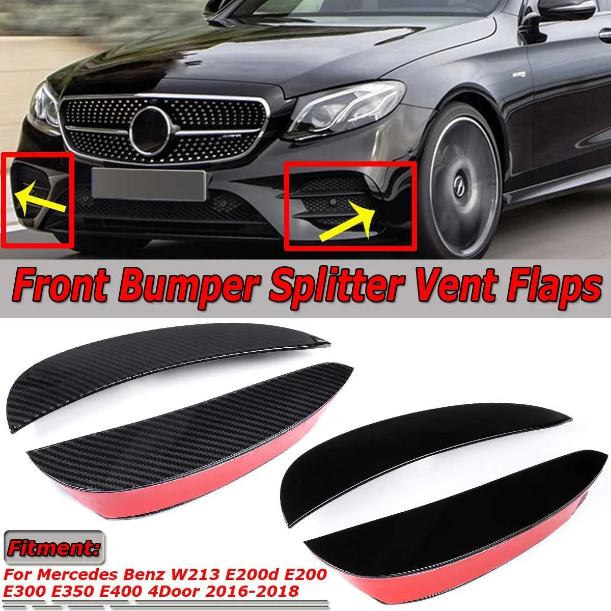 

2x Car Front Bumper Lip Splitter Vent Flaps Spolier Fin For Mercedes For Benz E Class W213 E200 E300 E350 4Dr For AMG 2016-2018