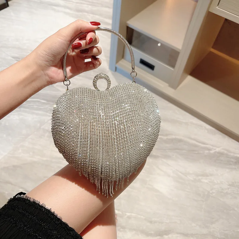 Rhinestone Evening Bag Heart Pattern Silver Clutch Womens Fashion 