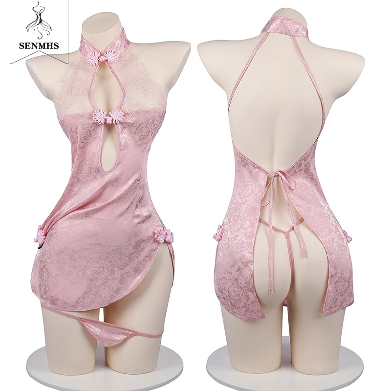 

SENMHS Sexy Cosplay Chinese Cheongsam Mini Erotic Transparent Interest Lingerie Babydoll Naughty Adult Bondage For Women Pink