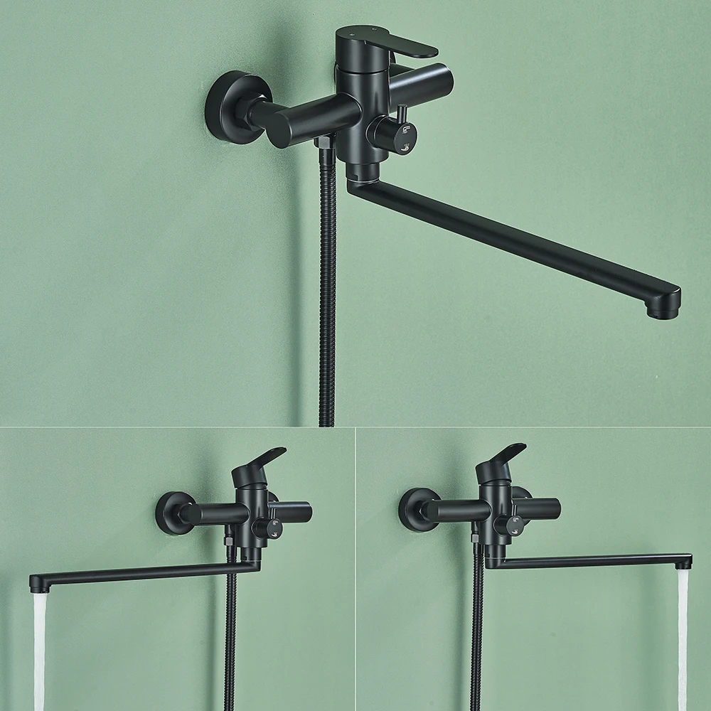 Matte Black Bathtub Faucet Long Spout Rotation Wall Mount with ABS Handshower Cold Hot Water Mixer Bathroom Shower Faucet 2